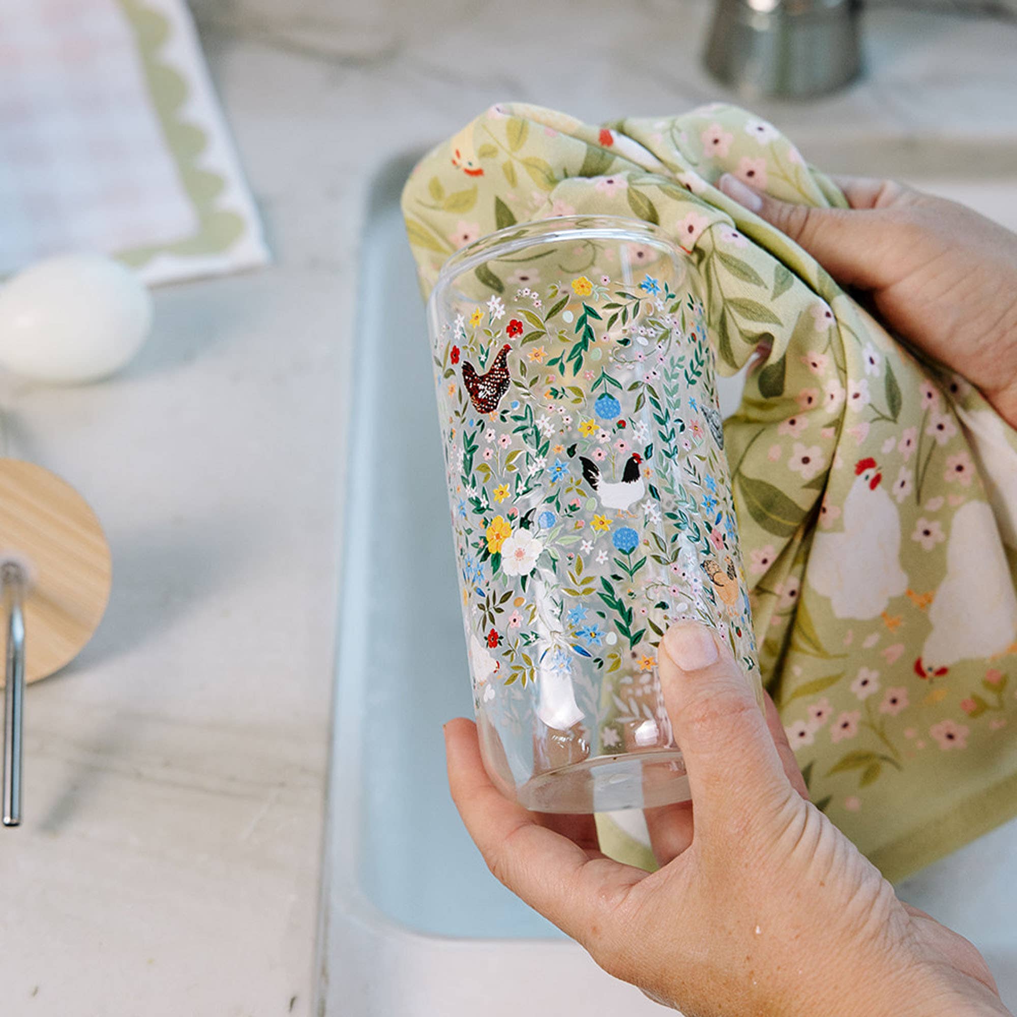 Chickens  & Flowers Glass Can