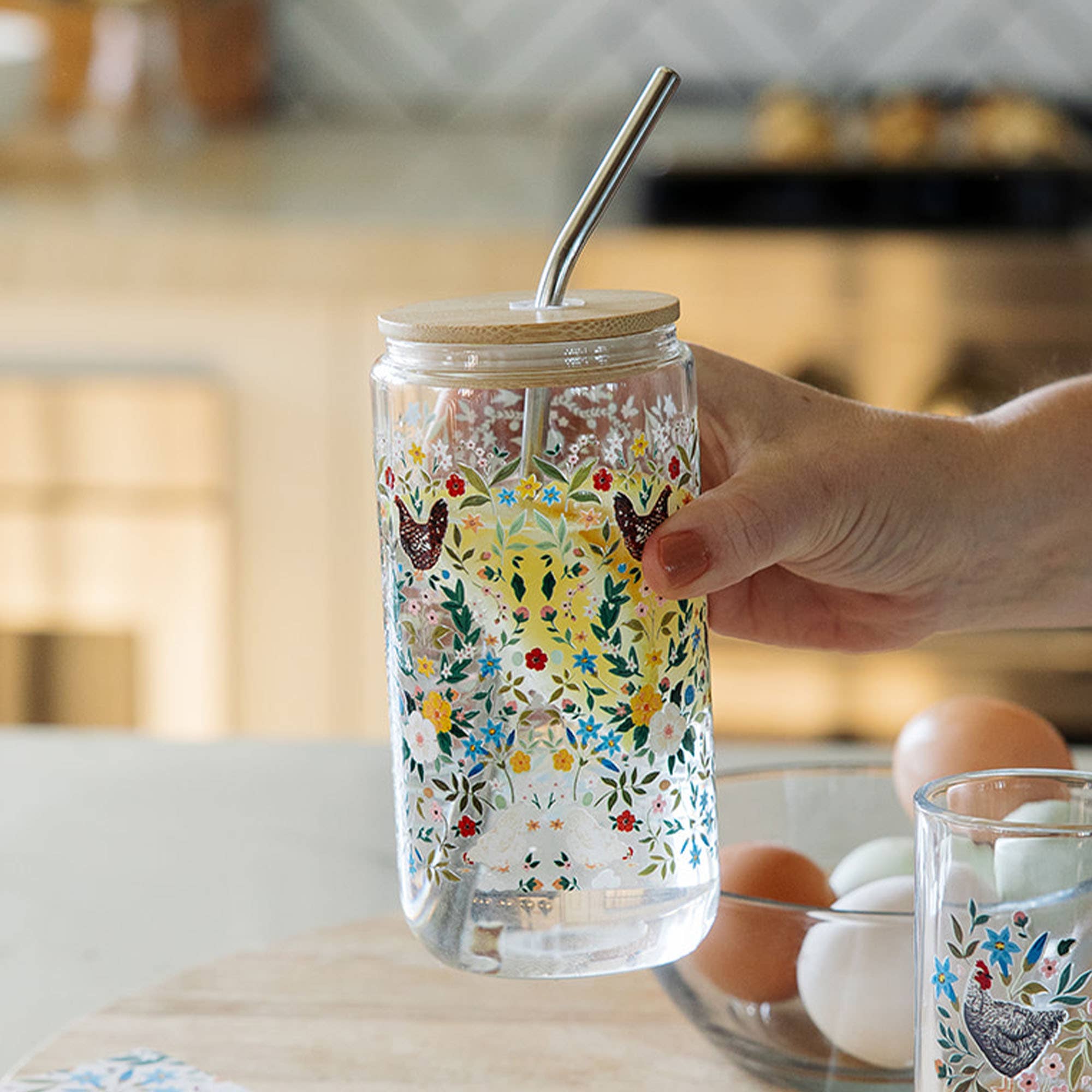 Chickens  & Flowers Glass Can