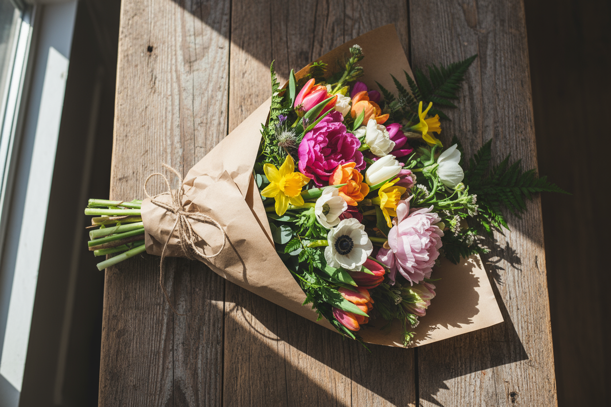 bouquet should be laying down on table