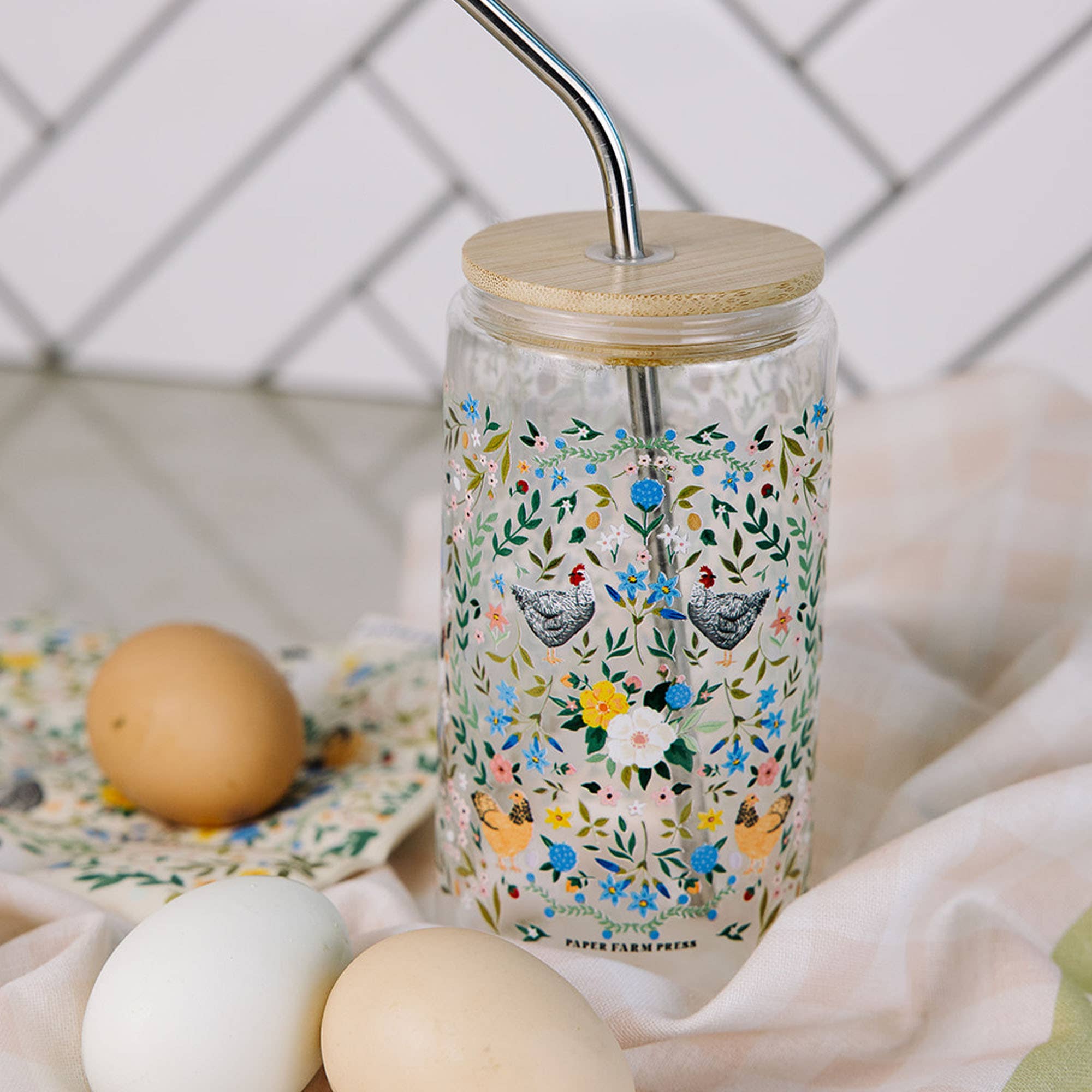 Chickens  & Flowers Glass Can